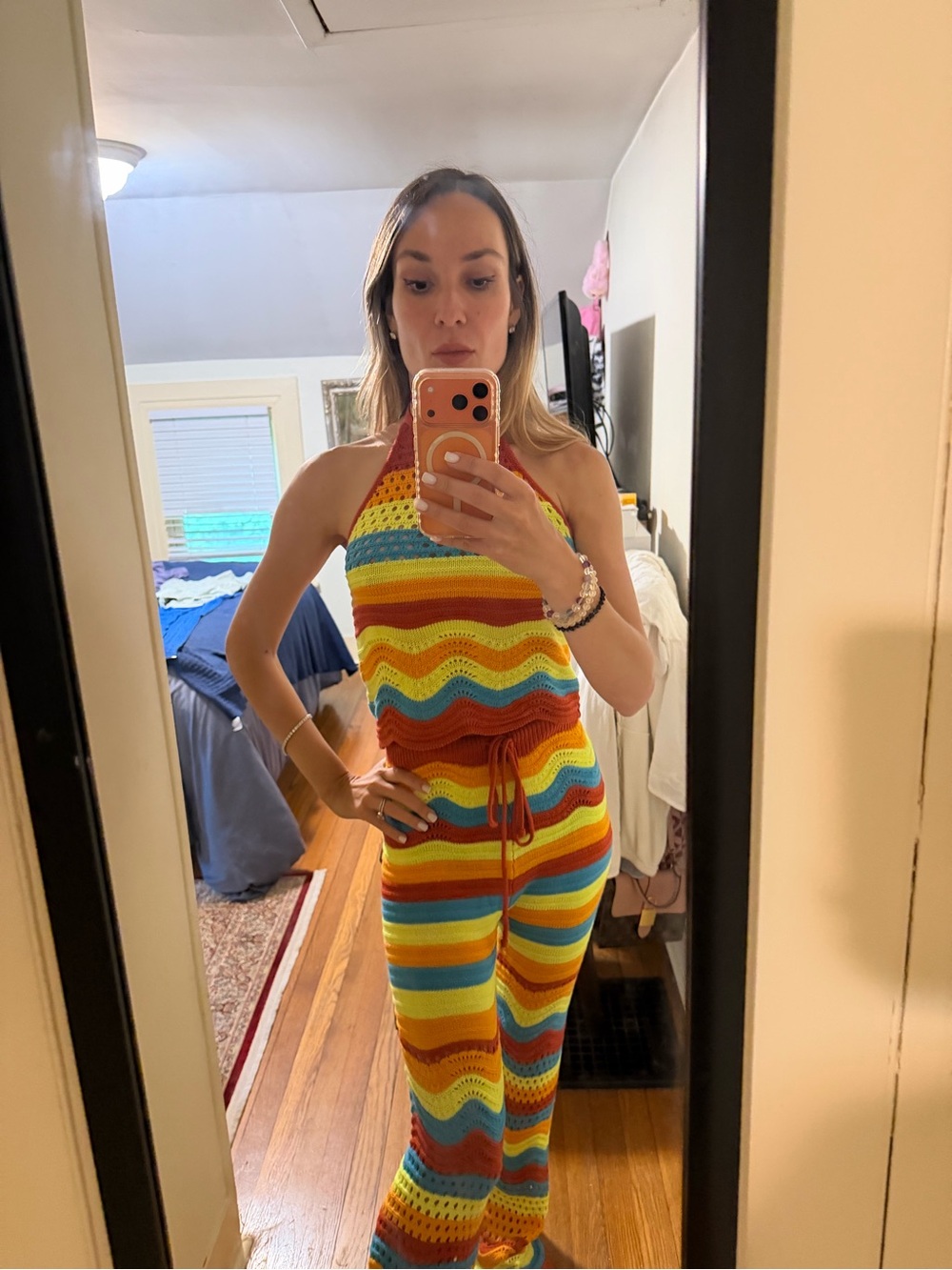 Handmade-Inspired Rainbow Crochet Halter Jumpsuit